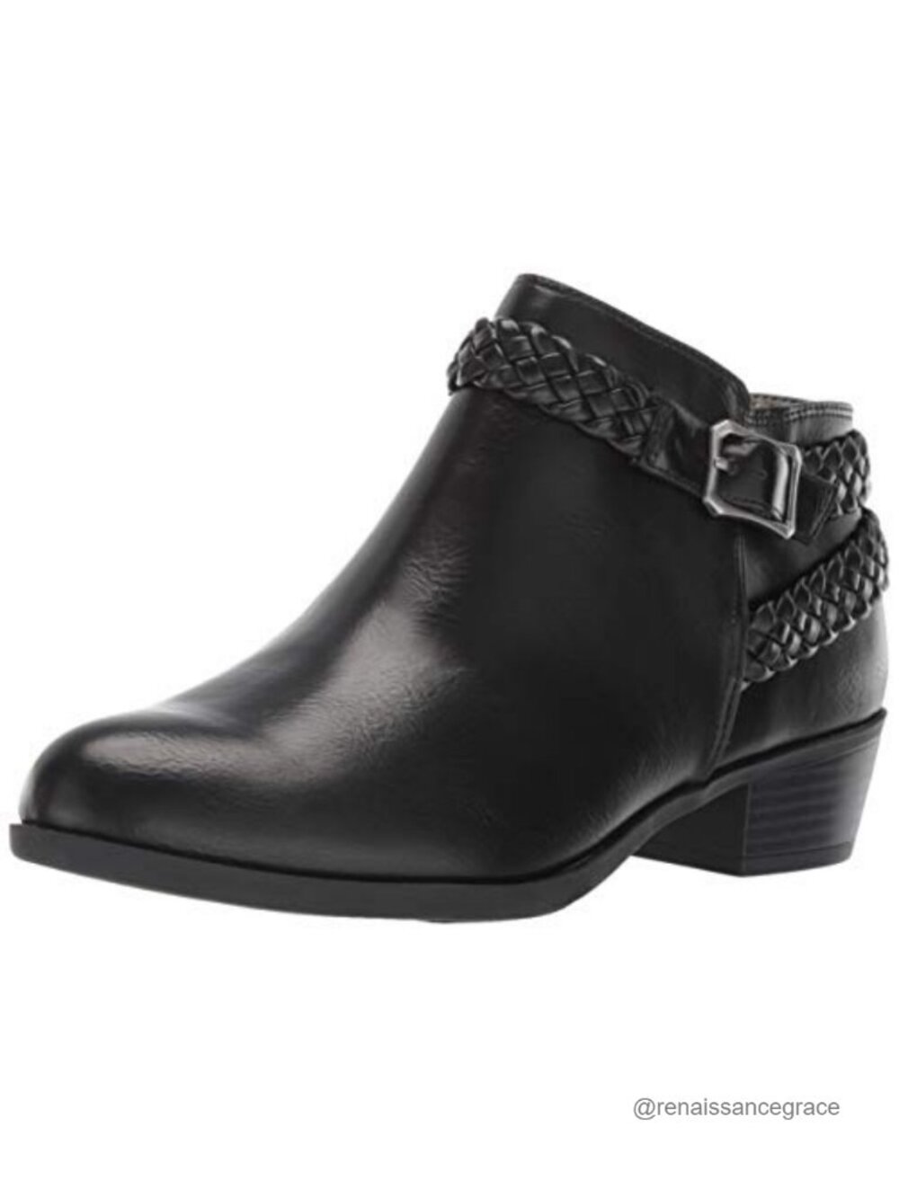 Faux Leather Ankle Booties with Buckle Detail, Zip Closure, 1.5" Heel